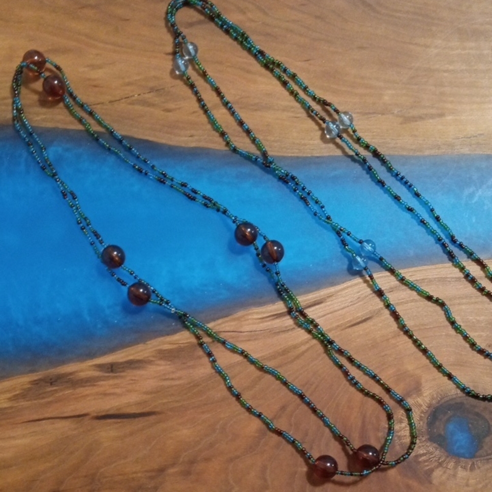 2 Elegant Vintage Beaded Necklaces with Brown And Blue Accents
